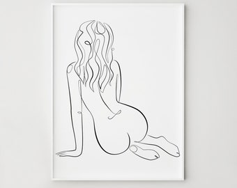 Minimalist Line Art Print, Seated Woman Back Silhouette, Modern Neutral Wall Decor, Digital Download