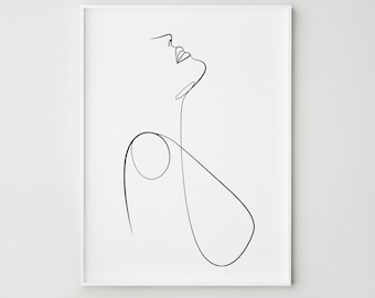 Modern Line Decor Print, One Line Abstract Woman Profile, Minimalist Bathroom Wall Decor, Digital Download
