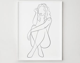 Female Silhouette Print, One Line Woman with Wavy Hair Sitting, Minimalist Bathroom Wall Decor, Digital Download