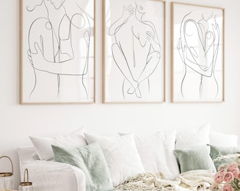 Set of 3 Prints, Abstract Couple Line Art, Bathroom Wall Art, Digital Download