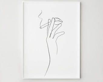 Woman smoking cigarette art, One line drawing, Feminist art print, Minimalist hands print, Lips poster, Printable wall art