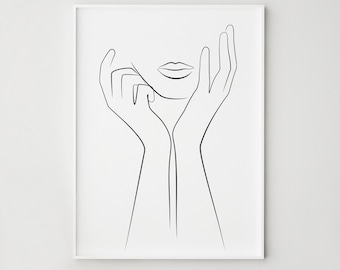 Hands on Face Print Line Art Woman, Minimalist Modern Wall Decor, Digital Download