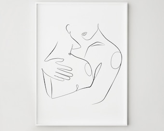 Couple Embrace Print One Line Lovers Silhouette, Minimalist Bedroom Decor, Digital Download