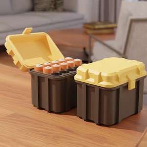 May include: Two brown plastic storage containers with yellow lids. One container is open and filled with orange AA batteries.