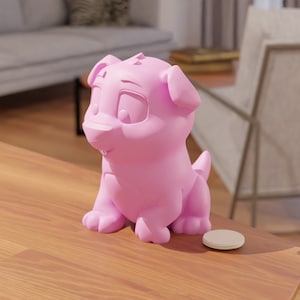 May include: A pink ceramic figurine of a cartoon puppy sitting on a wooden surface. The puppy has large eyes and a playful expression.