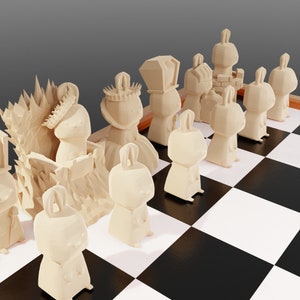 May include: A chess set with white pieces shaped like rabbits and other animals. The pieces are arranged on a black and white checkered board.