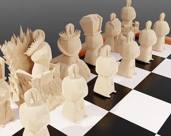 ウサギのチェスセット モダン - 3D プリント ファイル Stl、チェスセット - プレミアム チェスセット - チェスセット ボード - ゲーム - Stl ファイル - ホーム デコレーション - 3D プリンター チェス