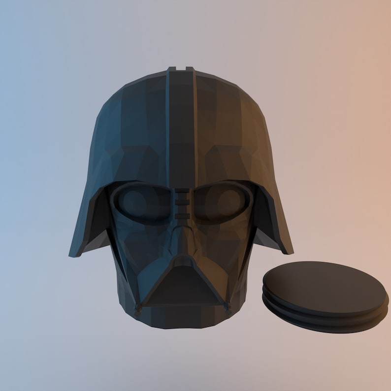 May include: A black, geometrically-shaped Darth Vader helmet with a black, round base.