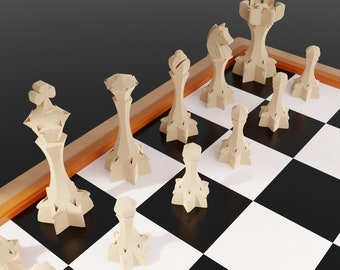 モダンチェスセット - 3Dプリントファイルstl、チェスセット - プレミアムチェスセット - チェスセットボード - ゲーム - stlファイル - ホームデコレーション - 3Dプリンターチェスモデル