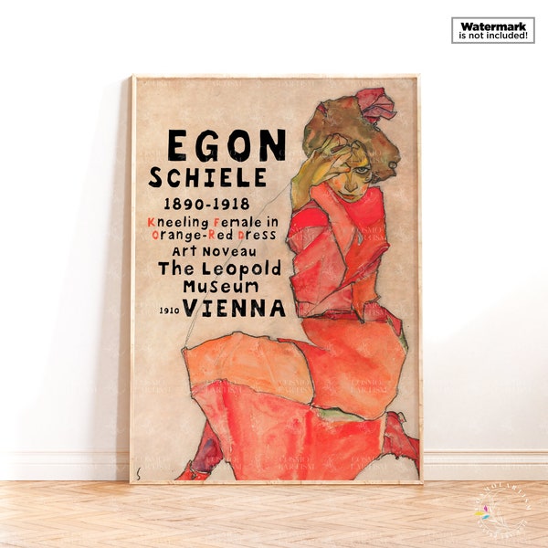 Impression d'affiche rétro Egon Schiele, affiche de l'exposition femme agenouillée en robe rouge-orange, impression d'art, idée cadeau de pendaison de crémaillère