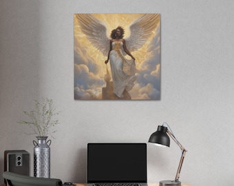 Arte mural interior afrocéntrico sobre lienzo Imagen espiritual Ángel negro ascendiendo