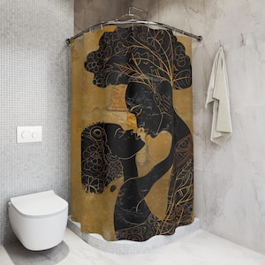 Tende da doccia con la regalità africana, decorazioni per il bagno afrocentriche, opere d'arte di re e regine, simboli della natura, qualità da galleria postmoderna, immagine 1