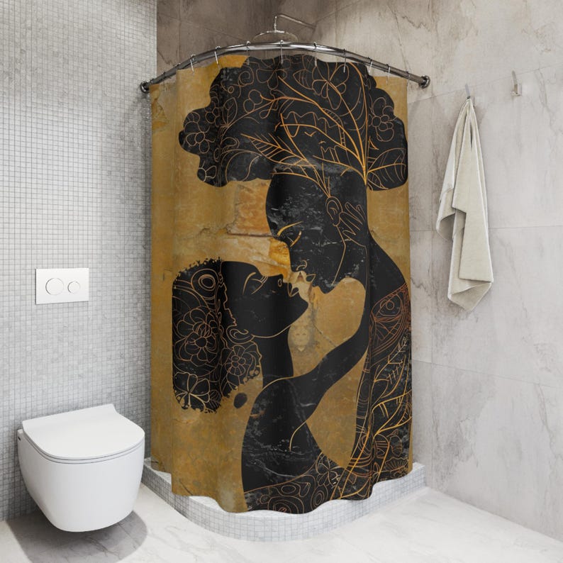Tende da doccia con la regalità africana, decorazioni per il bagno afrocentriche, opere d'arte di re e regine, simboli della natura, qualità da galleria postmoderna, immagine 1