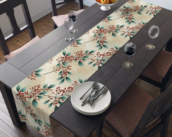 Holly Christmas Pattern Holiday themed Table Runner in Cotton Twill or Polyester