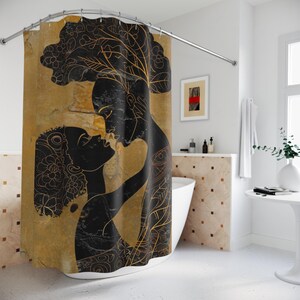 Tende da doccia con la regalità africana, decorazioni per il bagno afrocentriche, opere d'arte di re e regine, simboli della natura, qualità da galleria postmoderna, immagine 4