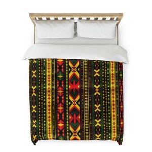 May include: A black, green, yellow, and red patterned duvet cover with a geometric design. The duvet cover is made of soft, comfortable fabric and is perfect for adding a touch of style to any bedroom.