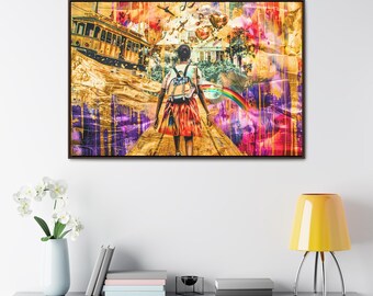 Afrocentric Gallery Wrap Canvas Giovane ragazza nera Mad World Landscape Art Print, Resilience Adventure Decor Whimsical Afro Art Surreal