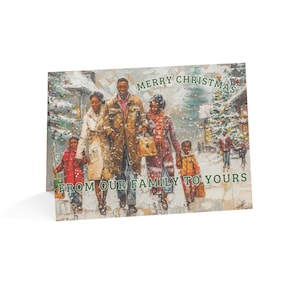 Cartões de felicitações em massa - Cartão de Natal com renderização artística de família afrocêntrica de inverno com mensagem otimista e cheia de alma, afro-americano sazonal