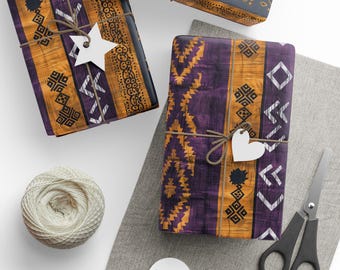 African Mud Cloth Gift Wrap – Purple & Gold Tribal Print, Matte or Glossy