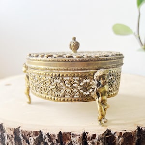 Vintage Hollywood Regency brass trinket dish - ornate cherub dish, gold ormolu, filigree powder box, victorian, vintage gift idea