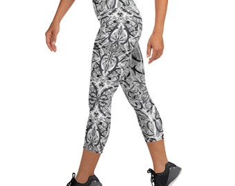 Capri Leggings, Yoga Leggings, Athletic Leggings, Black Grey White Abstract Line Art Design on Grey Background