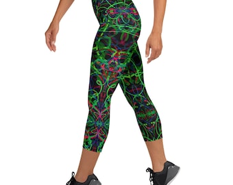 Capri Leggings, Yoga Leggings, Athletic Leggings, Green Red Black Abstract Design