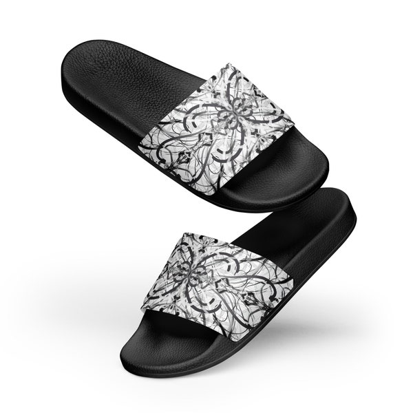 Men’s Slides, Slider Sandals, Flip-flops, Beach/Bathroom Slippers, Black Grey White Abstract Line Art Design on White Background