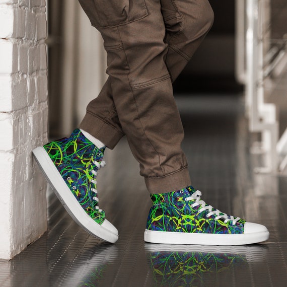 Mens High Top Canvas Shoes Green YLW Design Original Abstract Art by DM Etsy Canada