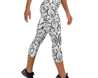 Capri Leggings, Yoga Leggings, Athletic Leggings, Black Grey White Abstract Line Art Design on White Background
