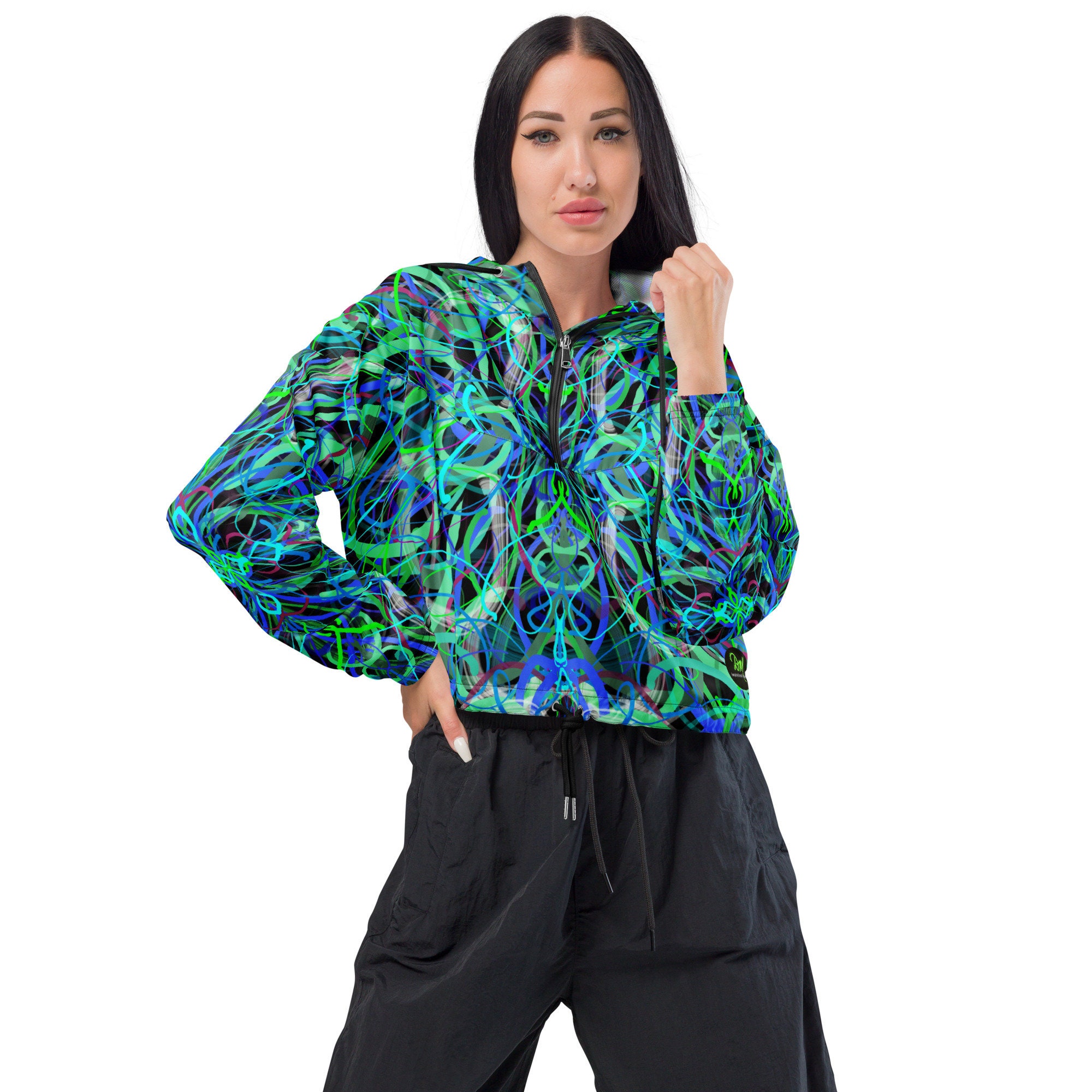 Cropped Windbreaker Jacket Unisex Blue BLK Original Abstract