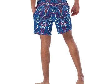 Adult Swimsuit Trunks, Red White Blue Abstract Line Art Design on Blue Background