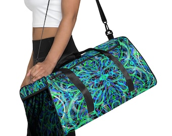 Canvas Duffel Bag, Gym Bag, Black Green Blue Abstract Line Art Design