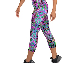 Capri Leggings, Yoga Leggings, Athletic Leggings, Rainbow Colors Abstract Line Art Design on Black Background