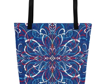 Large Canvas Tote Bag, Purse, Satchel, Red White Blue on Blue Background Abstract Line Art Design