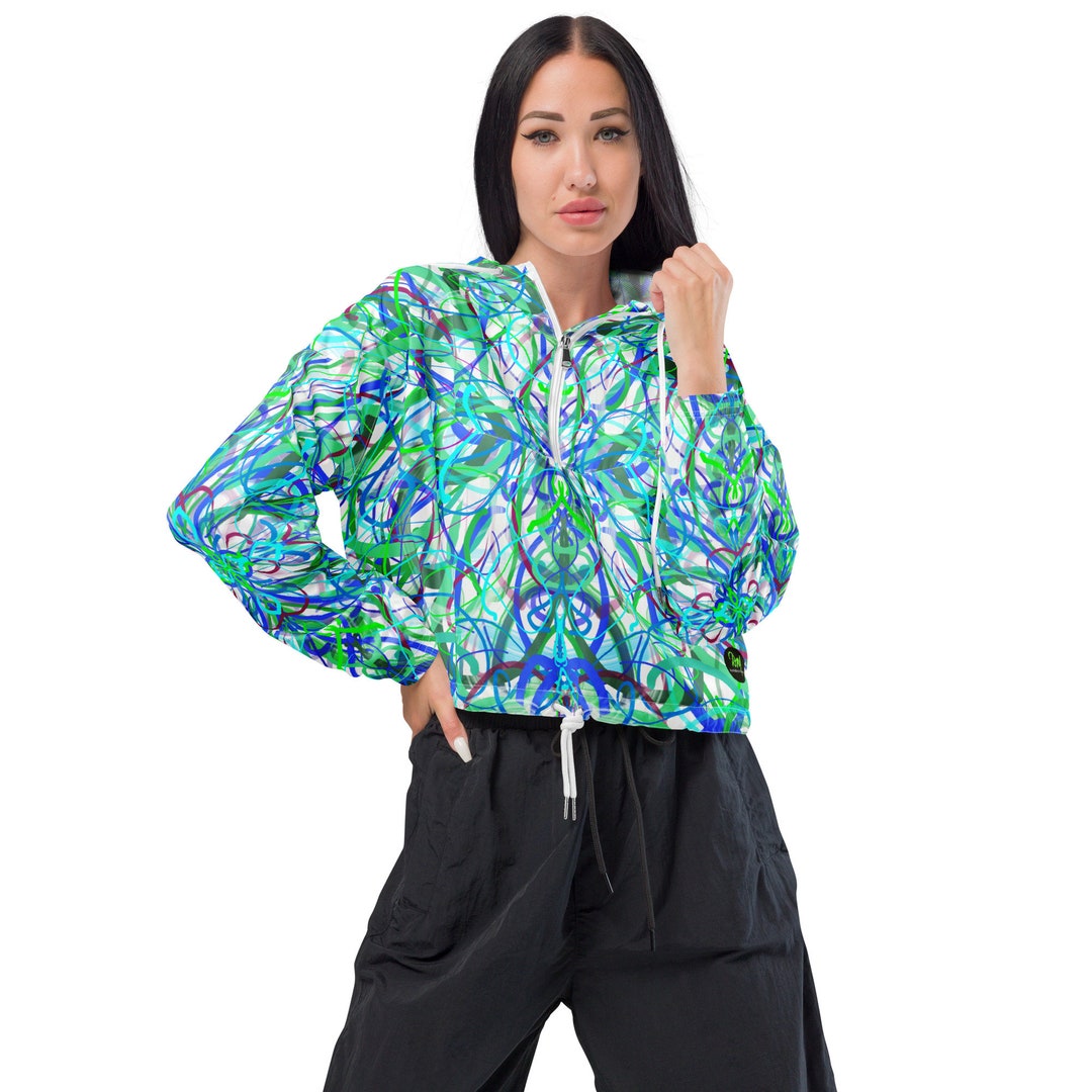 Cropped Windbreaker, Jacket, Unisex, Blue WHT, Original Abstract Art ...