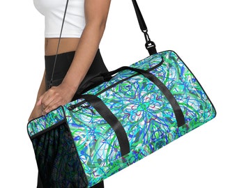 Canvas Duffel Bag, Gym Bag, White Green Blue Abstract Line Art Design
