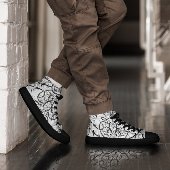 Mens High Top Canvas Shoes Sneakers Black Grey White Abstract Line Art Design on White Background Black Laces and Soles Etsy