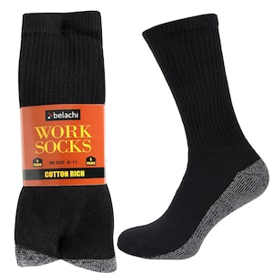 May include: Black work socks with a reinforced toe and heel. The socks are cotton rich and come in a pack of 5 pairs. The packaging says "Belachi Work Socks" and "UK Size: 6-11".