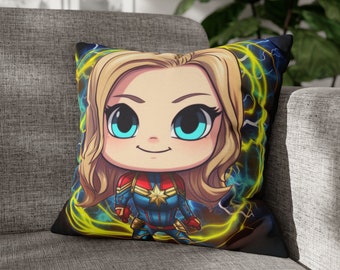 Chibi Captain Marvel Pillow, Carol Danvers cushion, Pillowcase, Pillow Cover, cushion case, cushion cover, cute kawaii pillow, great gift