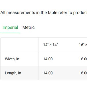 May include: Size guide table showing dimensions in inches for a product with widths and lengths ranging from 14 to 20 inches.