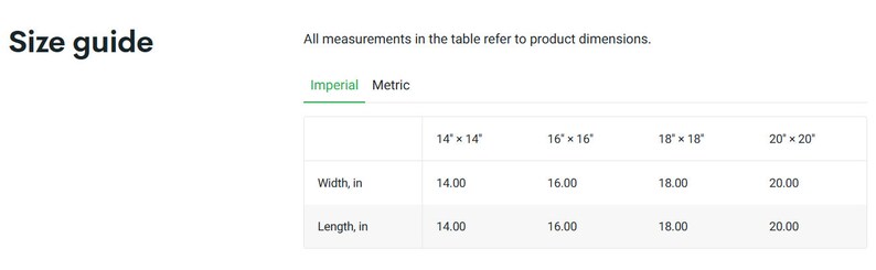 May include: Size guide table showing dimensions in inches for a product with widths and lengths ranging from 14 to 20 inches.