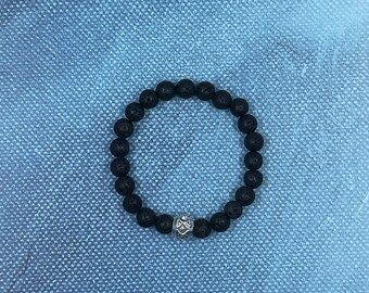 Natural Black Lava Rock with Antique ‘Silver’ Pink Rhinestone Charm Accent Bracelet