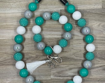 Keep It Teal Beaded Custom Dog Collar and Wristlet Keychain Set- Collar Sized to Order