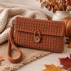 May include: A rust-colored crochet wristlet clutch featuring a rectangular body with a fold-over flap, a single wooden button closure, and a matching crocheted wrist strap attached with a bronze-toned metal swivel clasp.