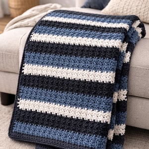 Waffle Stitch Crochet Blanket Pattern | Chunky Striped Throw (PDF Download)