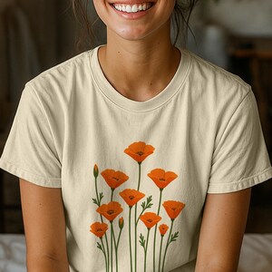 Camiseta de amapolas, camiseta para amantes de la naturaleza, camiseta floral minimalista, camiseta de jardín botánico