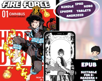 Op de afbeelding: Digitale illustratie van de manga "Fire Force 01 Omnibus" van Atsushi Ohkubo, weergegeven op een tablet en een smartphone. De tablet toont de cover, terwijl de telefoon interieurpanelen weergeeft. Tekst bevat "Kindle, iPad, Kobo, iPhone, Tablets, Android" en "EPUB".