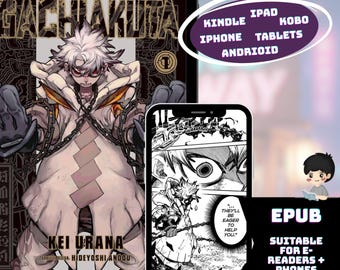 Op de afbeelding: Digitale manga-omslag van "Gachakuta" door Kei Urana, weergegeven op een tablet en smartphone. De omslag toont een personage met wit haar en kettingen. De afbeelding bevat ook tekst die compatibiliteit met verschillende e-readers en telefoons aangeeft.