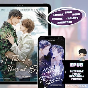 Puede incluir: Ilustración digital de una portada de libro titulada "A Tale of a Thousand Stars" que se muestra en una tableta y un teléfono. La portada presenta a dos hombres abrazándose. La imagen también incluye texto que indica compatibilidad con Kindle, iPad, Kobo, iPhone, Tablets y dispositivos Android.
