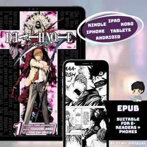 May include: Digital manga of Death Note displayed on a tablet and phone. The tablet shows the cover art with the title and Japanese text. The phone displays interior panels. Text includes "EPUB" and device compatibility.